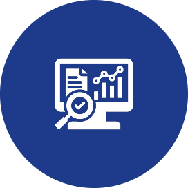 Computer with analytics and magnifying glass icon.