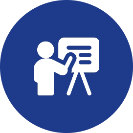 Person presenting on board icon in blue.