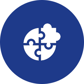 White puzzle pieces in blue circle.